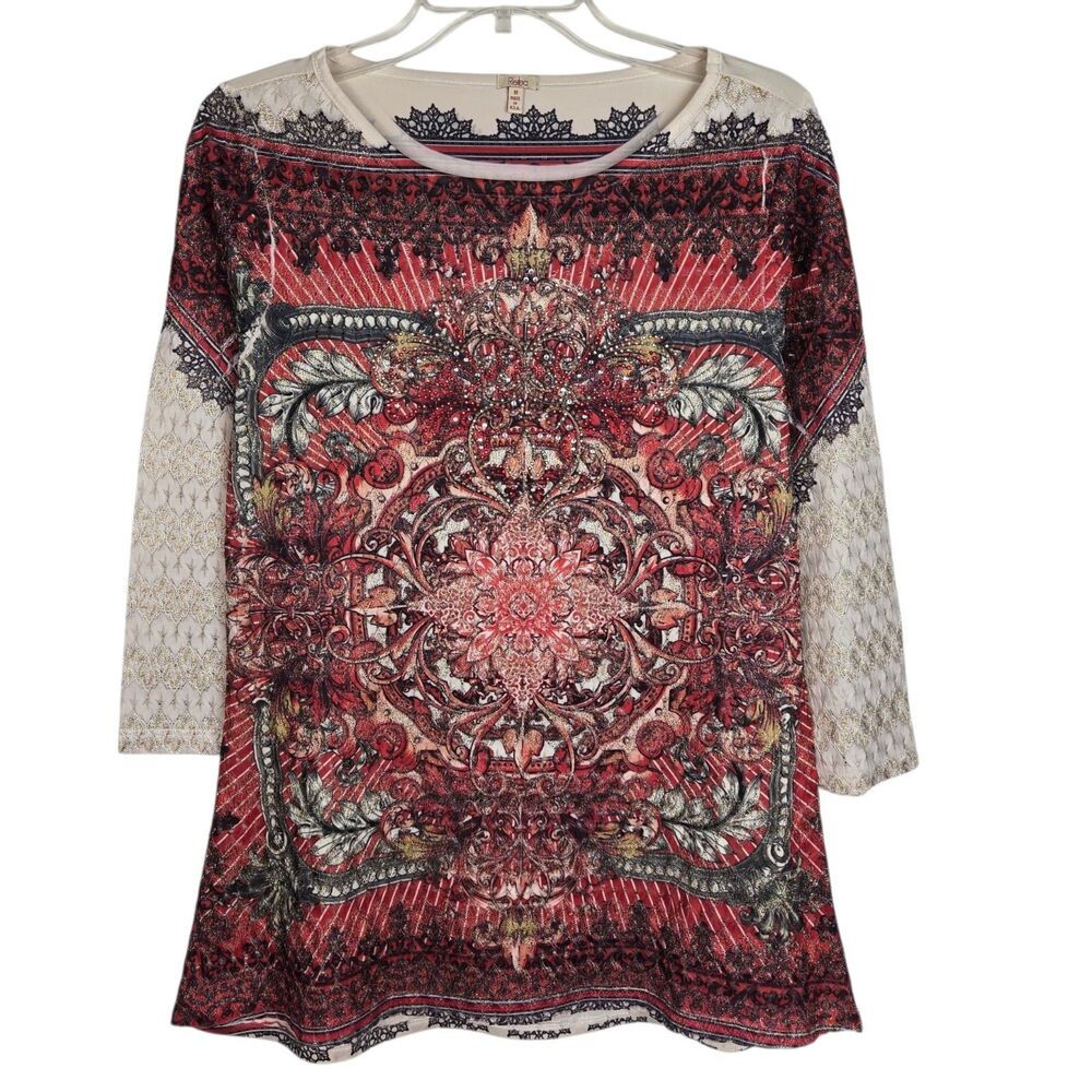 Reba Top Sz M Geometric Mandala Cream Red Gold Crochet Lace Rhinestone Studs